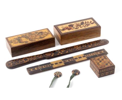 Tunbridge ware - six pieces, comprising a scarce ruler, of seven divisions labelled to reverse 'Wood From Tunbridge School, C