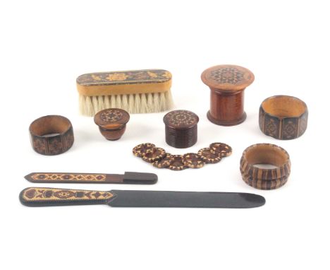 Tunbridge ware - nine pieces, comprising an ebony paper knife with mosaic handle, probably by Thomas Barton, 23cms, a book ma
