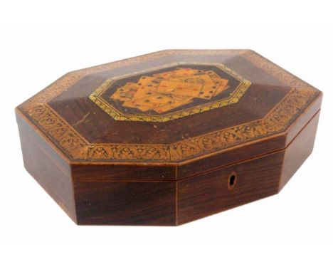 An early Tunbridge ware print and pen decorated rosewood card box attributed to George Wise, of octagonal form, the lid with 