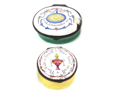 Two late 18th Century English enamel boxes, comprising an oval example, the domed lid with ribbands and patera motif and insc