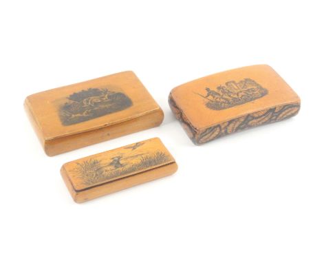 Mauchline ware - three wooden hinge snuff boxes, comprising a curved example (soldiers with boar / Tiens Ferme / feather work