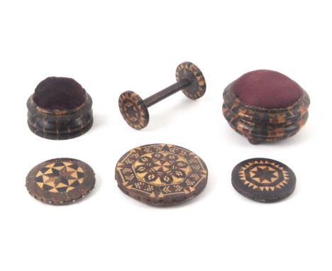 Tunbridge ware - sewing, six pieces, comprising three stick ware pin wheels, the largest 5.5cms and with a few edge chips, tw