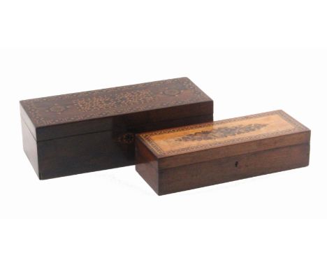 Two Tunbridge ware boxes, comprising a rectangular rosewood example, the lid with three stick ware panels within a conforming