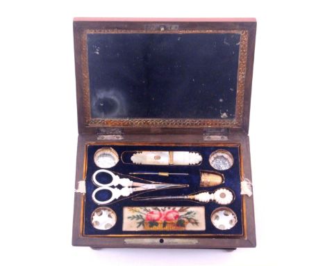 A Palais Royal satinwood sewing box, circa 1830, of rectangular form, the lid with inset burr panel and mother of pearl table