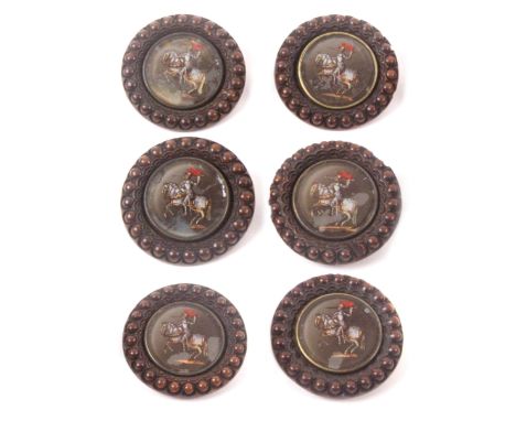 Buttons - a set of six 19th Century wooden buttons, each with a reverse glass panel of a knight on horseback, 4cms, some mino