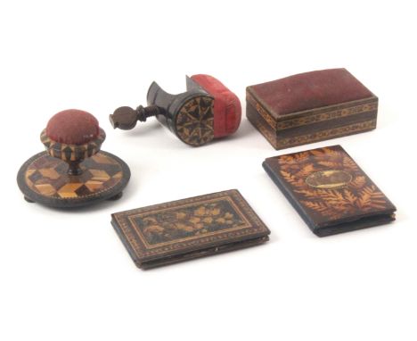 Tunbridge ware - sewing, four pieces and another, comprising a rosewood cylinder form clamp with stick ware end and original 