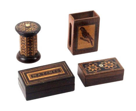 Four Tunbridge ware vestas, comprising a rectangular rosewood box, the lid inscribed in mosaic 'Matches', internal pencil ins