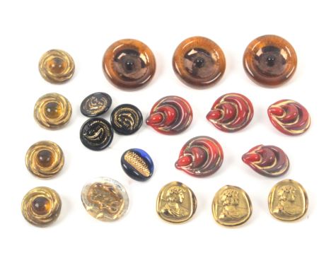 Buttons - Bimini and others, comprising a set of three of dished roundel form, brass back plates 'Hand Made - Made In England