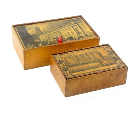 Two early Tunbridge ware white wood print and paint decorated rectangular boxes, the larger with plain sides, the pin hinge l
