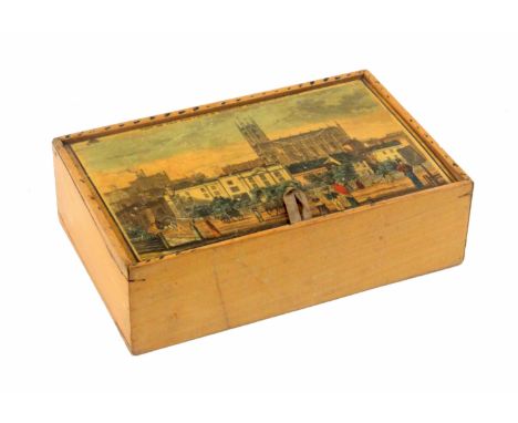 An unusual early Tunbridge ware white wood print and paint decorated rectangular box, plain white wood sides, the pin hinge l