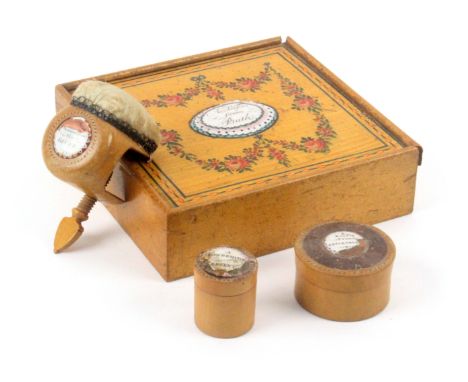 Four rare early Tunbridge ware white wood pieces each with applied enamel plaque, comprising a square box, the sliding lid pa