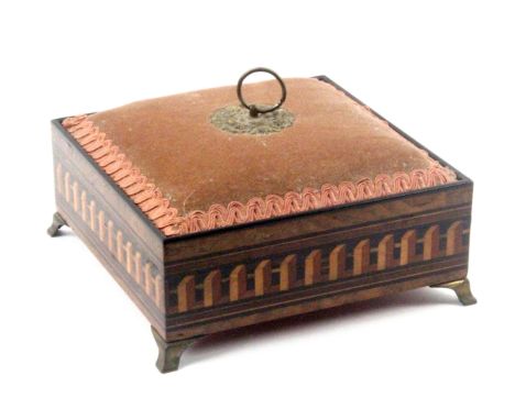 A Tunbridge ware burr oak sewing box attributed to Edmund Nye, of square form, the lift off pin cushion lid in pale velvet wi