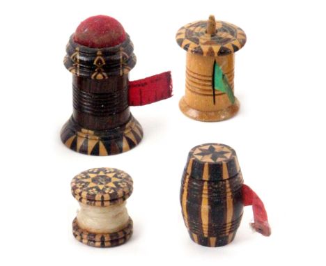 Tunbridge ware - sewing, four pieces, comprising a stick ware combination standing tape measure/pin cushion, the complete pri