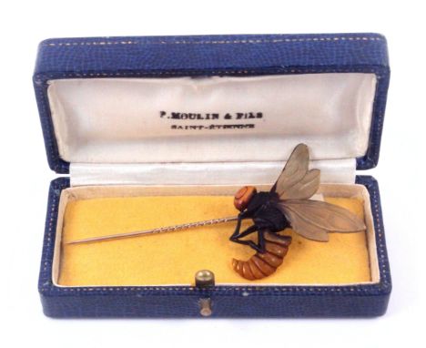 A French celluloid mounted gold stick pin, the mount realistically modelled as a wasp, 8.5cms, in rectangular leatherette cas