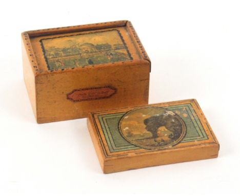 Two early Tunbridge ware white wood print and paint decorated rectangular boxes, both with sliding lids and plain sides, the 