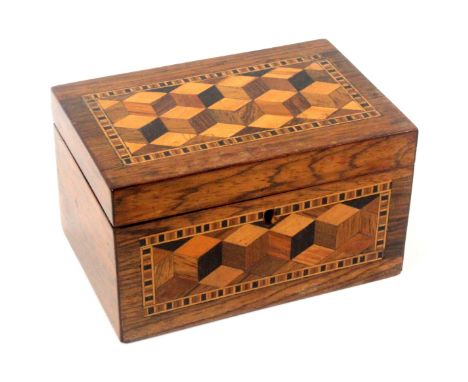 A Tunbridge ware rosewood tea caddy, of rectangular form, the front and lid with a panel of cube work within geometric border