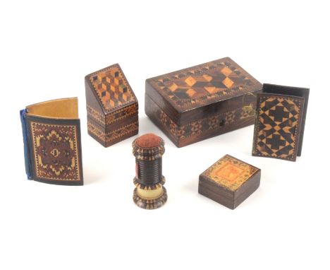 Tunbridge ware - six pieces, comprising a large slant top rosewood needle packet box in cube work and mosaic, 6.4cms high, tw