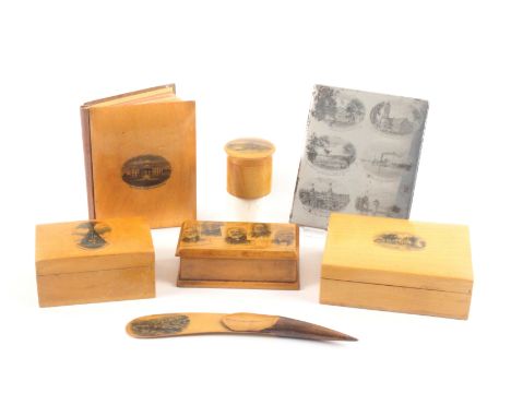 Mauchline ware - seven pieces, American views, comprising a rectangular box (The Favourite Poets Of America / five titled por