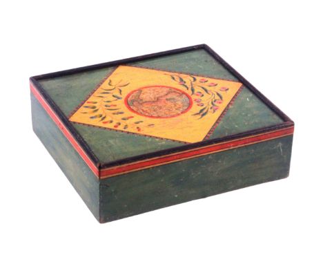 An unusual early Tunbridge ware white wood print and paint decorated rectangular playing card box, the sides in green with re
