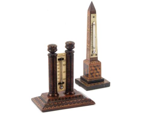 Two Tunbridge ware desk thermometers, comprising an example by Wise, the stepped rectangular base in geometric mosaic, the iv