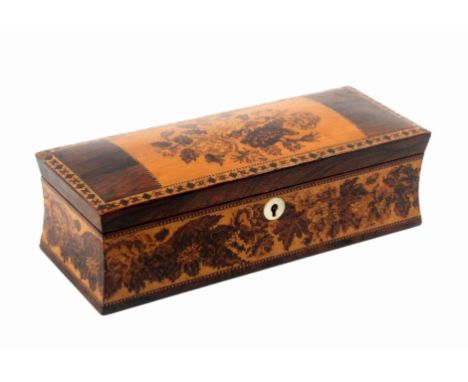 A Tunbridge ware rosewood netting box, of rectangular form, the cushion lid with central floral mosaic panel within a border 
