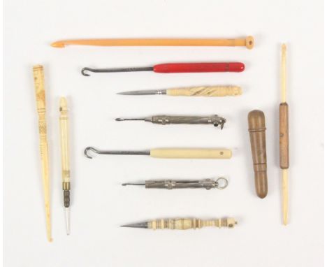 Stanhopes - eleven - sewing, comprising four crochet hooks, three metal point stilettos, four button hooks / Saltburn By The 