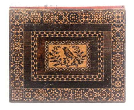 A good Tunbridge ware rectangular blotter case, one cover in burr maple with inset mosaic panel of a bird within a narrow geo