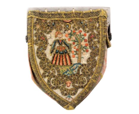 An 18th Century steel mounted bullion and silk embroidered purse, of shield form, steel clasp with push button ends, one side