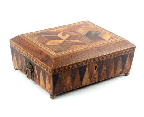 A Tunbridge ware cube and van dyke decorated rosewood sewing box, of sarcophagol form, the lid with a panel of cube work with