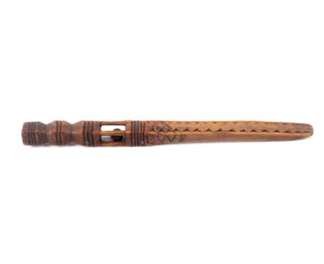 A late 18th/early 19th Century fruitwood knitting stick, probably Welsh, the square section stem with lantern and ball below 