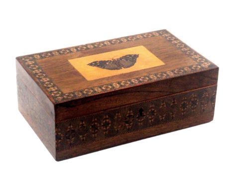 A Tunbridge ware rosewood box, of rectangular form, the lid with inset mosaic panel of a butterfly within an outer border of 