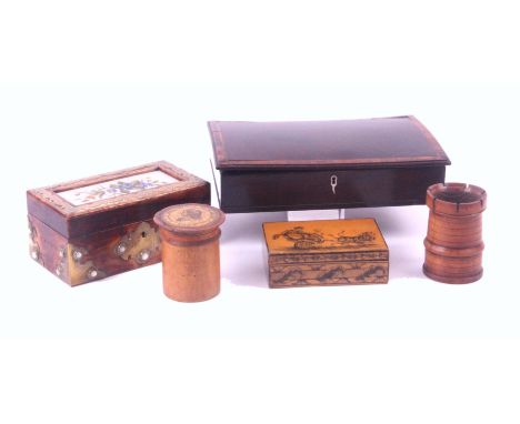 Five various boxes, comprising an oak and brass mounted rectangular box the lid with floral painted opaque glass panel, 16cms