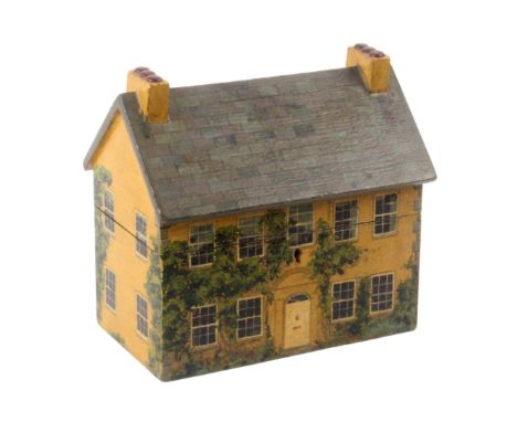 A fake house from Tunbridge ware style tea caddy, 20th Century, the front painted with panelled door below fan light and surr