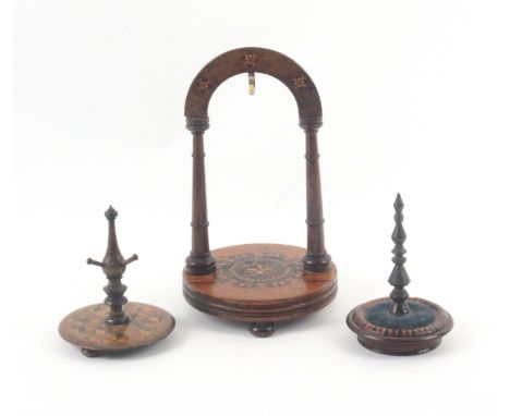 Tunbridge ware - three pieces, comprising a rosewood watch stand, the circular base in stick ware and raised on three bun fee