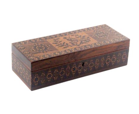 A Tunbridge ware rosewood rectangular box, the lid with a central inset mosaic of a bird amid branches flanked by two diamond