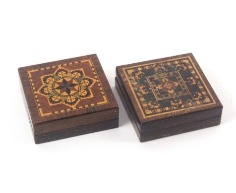 Two Tunbridge ware labelled Euclid puzzle boxes, of square form both with stick ware and mosaic tops, one with internal oval 