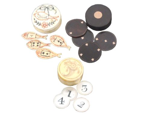 Three cased sets of 19th Century playing card counters and four pearl discs, comprising a bone circular box, the screw cover 