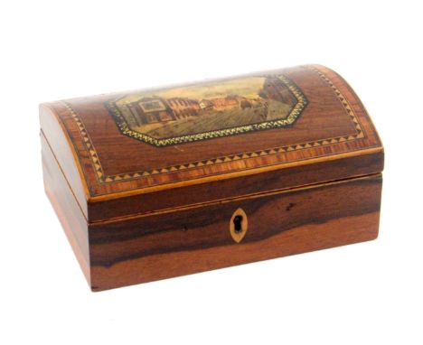 An early Tunbridge ware print decorated and inlaid rosewood small box by George Wise, of rectangular form with pointed oval b