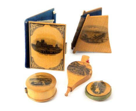 Mauchline ware - sewing, five pieces, comprising a needle book (Whitby Abbey, Yorkshire / fancy spandrils), 8.6cms, another i