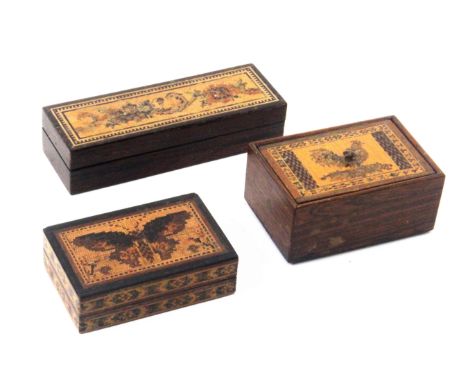 Three small Tunbridge ware rectangular boxes, comprising an example with a mosaic panel of a butterfly, 7.4cms, another with 