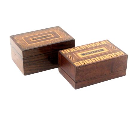 Two Tunbridge ware Besique boxes, comprising a rosewood rectangular box the hinged lid with inset mosaic panel 'Besique', wit