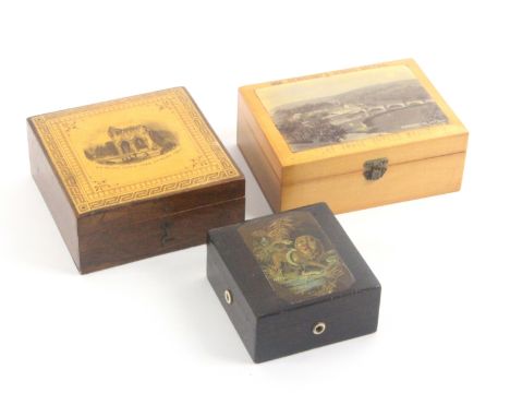 Mauchline ware - sewing, three pieces, comprising a square form reel box (Sir Walter Scott's Tomb, Dryburgh Abbey / fancy bor