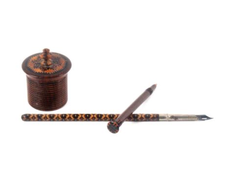 Tunbridge ware - three scarce writing related pieces, comprising a dip pen, the cylinder handle in mosaic, 19cms, a rosewood 