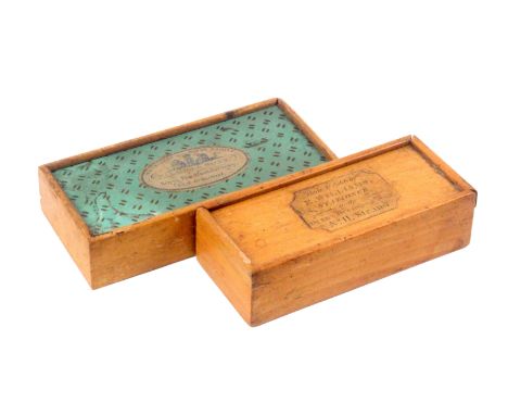 Two early Tunbridge ware white wood advertising boxes, both of rectangular form with plain sides and sliding lid, the larger 