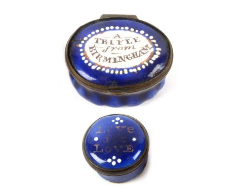 Two late 18th Century English enamel boxes, comprising an oval example inscribed 'A Trifle From Birmingham', on a blue ground