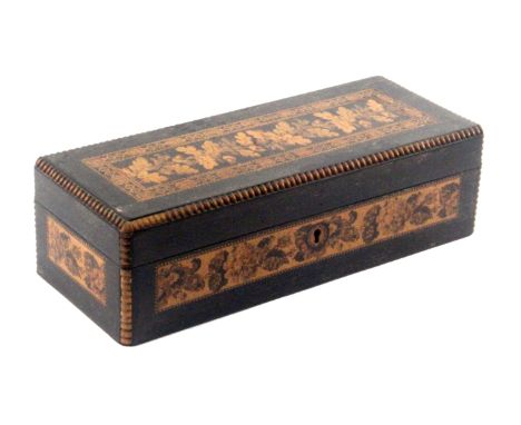 An unusual Tunbridge ware rectangular glove box, the ebony ground inset to the lid with a mosaic panel of acorns and oak leav