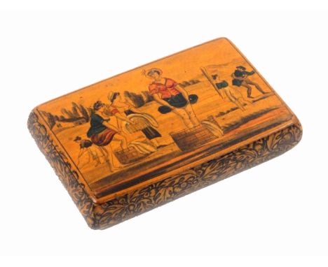 A good Mauchline ware Scottish wooden hinge snuff box by Wm. Murdoch, of rectangular form, the lid with pen and wash picture 