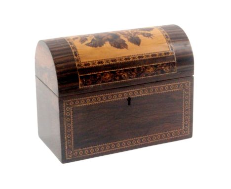 A Tunbridge ware rosewood stationery box, the exaggerated domed lid with an inset panel of floral mosaic within geometric mos