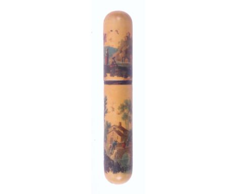 A French billet doux or bodkin case, of cylinder form decorated in the Vernis Martin style with figures and buildings in land