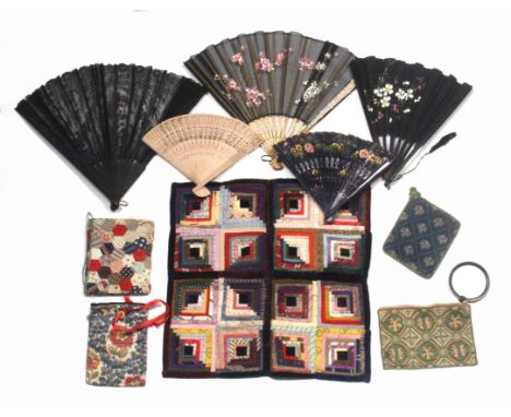 A mixed lot - textiles and fans, comprising a patchwork panel, approximately 44cms sq., two bags, patchwork needle book, tape